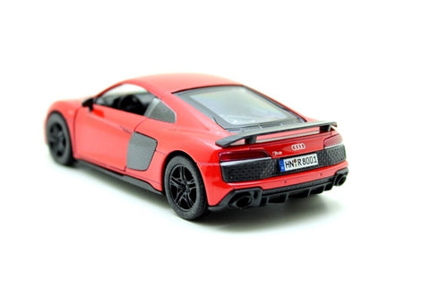 KiNSMART Audi R8 Coupé 2020 1:36 raudonas – lieto metalo modelis, atsidarančios durelės, trauk-atgal mechanizmas
