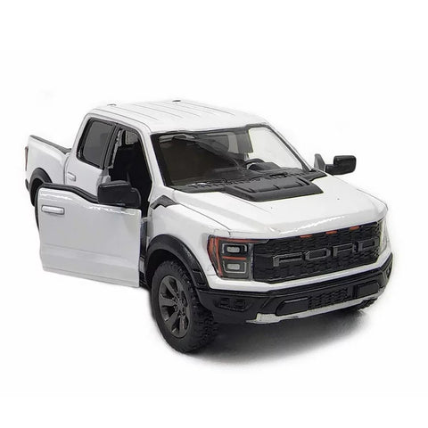 Kinsmart 2022 Ford F‑150 Raptor, baltas – licencijuotas 1:46 modelis su atsidarančiomis durimis ir trauk-atgal mechanizmu