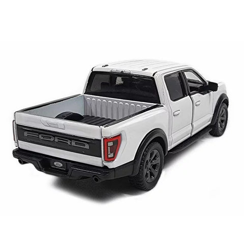 Kinsmart 2022 Ford F‑150 Raptor, baltas – licencijuotas 1:46 modelis su atsidarančiomis durimis ir trauk-atgal mechanizmu