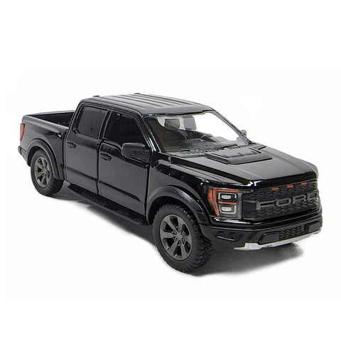 KiNSMART 2022 Ford F‑150 Raptor juodas pikapo modelis 1:46 – atsidarančios durelės, atgal traukimo mechanizmas, licencijuotas