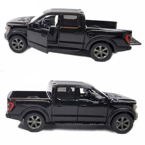 KiNSMART 2022 Ford F‑150 Raptor juodas pikapo modelis 1:46 – atsidarančios durelės, atgal traukimo mechanizmas, licencijuotas