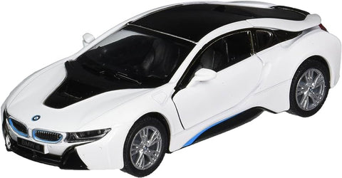 KiNSMART BMW i8 baltas 1:36 liesto metalo žaislinis automobilis su atidaromomis durelėmis ir trauk-atgal mechanizmu