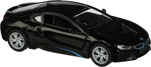 KiNSMART BMW i8 juodas metalinis modelis 1:36 – atidaromos durelės, trauk-atgal, licencijuotas