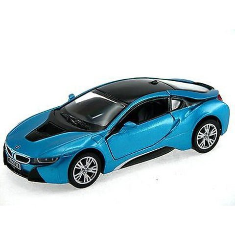 KiNSMART BMW i8 1:36 – mėlynas žaislinis automobilis, licencijuotas, su atidaromomis durelėmis ir trauk-atgal mechanizmu
