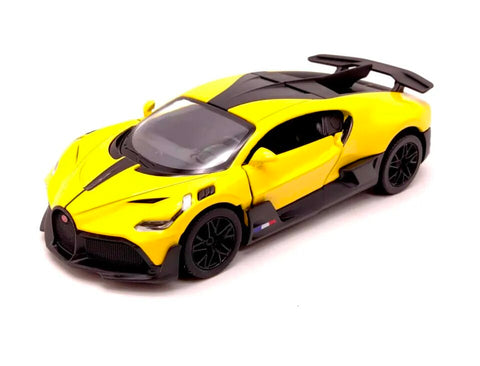 Kinsmart Bugatti Divo 1:36 geltonas lieto metalo žaislinis automobilis su atidaromomis durimis ir trauk-atgal mechanizmu