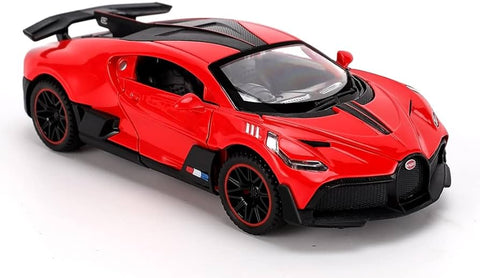 KiNSMART Bugatti Divo 1:36 raudonas – trauki atgal ir važiuoja, atidaromos durelės, licencijuotas modelis