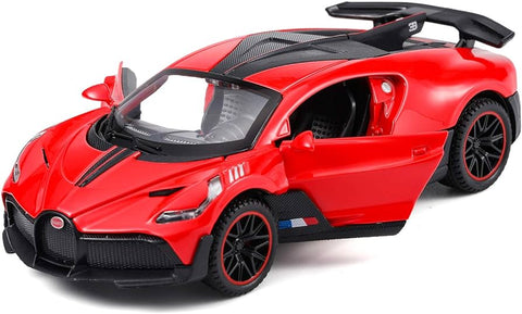 KiNSMART Bugatti Divo 1:36 raudonas – trauki atgal ir važiuoja, atidaromos durelės, licencijuotas modelis