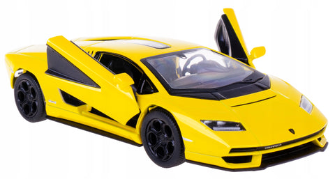 KiNSMART Lamborghini Countach LPI 800‑4 1:38 geltonas – licencijuotas metalinis modeliukas su atidaromomis durelėmis ir trauk‑atgal mechanizmu