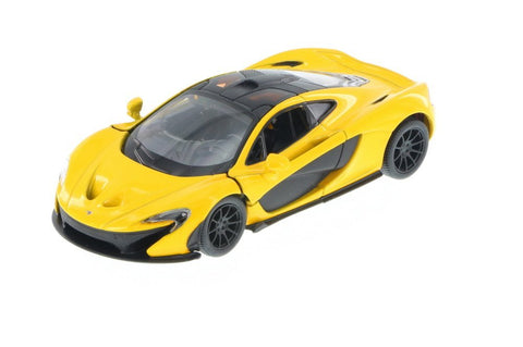KiNSMART McLaren P1 1:36 geltonas – licencijuotas lieto metalo modelis su atsidarančiomis durimis ir trauk-atgal mechanizmu