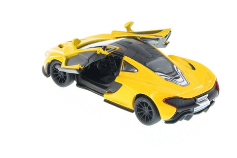 KiNSMART McLaren P1 1:36 geltonas – licencijuotas lieto metalo modelis su atsidarančiomis durimis ir trauk-atgal mechanizmu