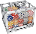 Pokerio žetonų rinkinys su įvairiaspalviais žetonais skaidriame aliuminio dėkle su užraktu