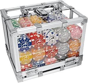 Pokerio žetonų rinkinys su įvairiaspalviais žetonais skaidriame aliuminio dėkle su užraktu