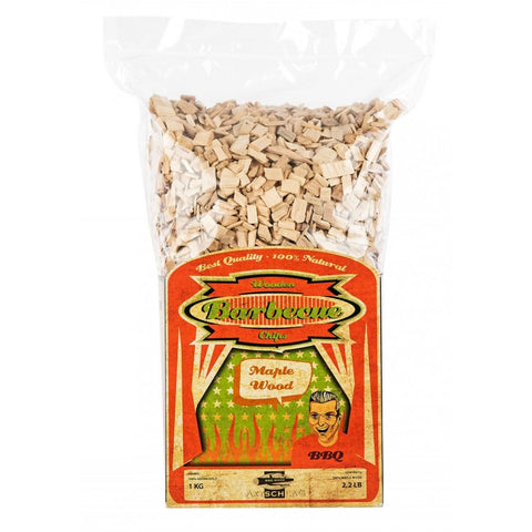 Barbekiu drožlės, klevų medienos 1 kg skaidriame maiše su ryškia retro etikete, priekinė pakuotė