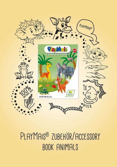 PlayMais kūrybinė knygelė „Gyvūnai“ vaikams – darbelių idėjos iš kukurūzų, 32 p., 17.5×28 cm