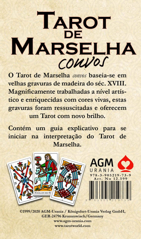 Marselės tarotas – AGM Urania leidimas, nugarėlės aprašymas su trijų spalvotų kortų pavyzdžiais ir pradedančiojo vadovu