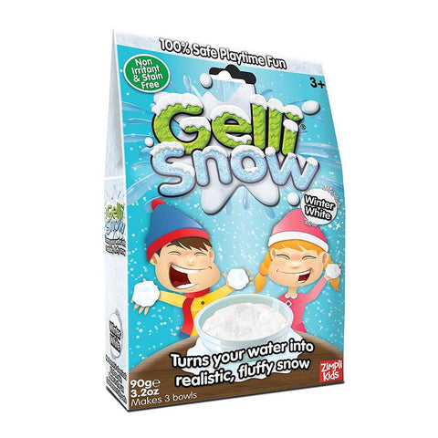 Gelli Snow pakuotė, žiemos balto varianto 90 g dėžutė priekinis planas su logotipu ir vaikų iliustracija, nurodoma kad virsta pūstu sniegu