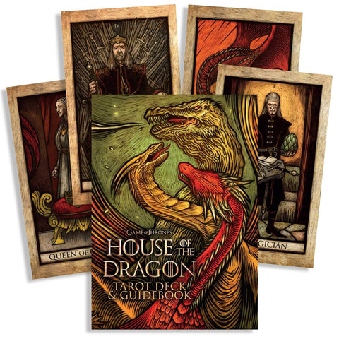 House of the Dragon tarot kortos su prabangiu guidebook'u ir išskleistomis dramatiškomis raudonų bei aukso drakonų iliustracijomis