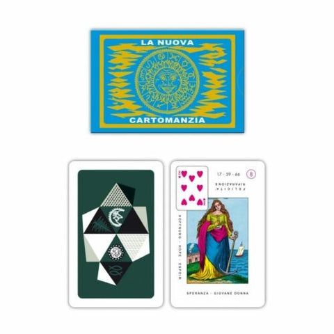 tarot kortos La Nuova Cartomanzia: mėlynos–auksinės dėžutės dizainas, žalia geometrinė kortų galinė ir „Speranza“ kortos priekis