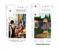 Lenormand kortos, dvi atvertos kortos su širdies ženklais: vakarėlio/pokalbio scena ir namo iliustracija, spalvotos detalios versijos skirtos variantų peržiūrai