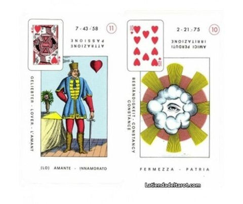 tarot kortos Marseille stiliaus, dvi kortos — Įsimylėjusių figūra ir debesų akies motyvas, ryškiai raudonos ir geltonos spalvos