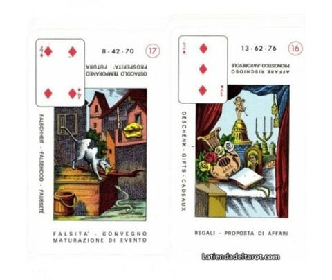 tarot kortos — komplektas: dvi itališkos divinacijos kortos su simboliniais namo ir dovanų motyvais, viena apversta
