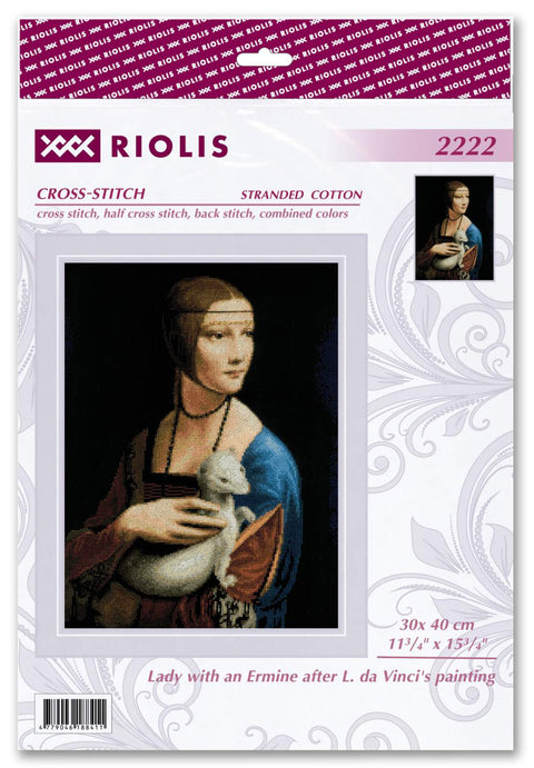 Kryželių rinkinys Riolis 30×40 cm — Da Vinčio reprodukcija Dama su ermine, pakuotės priekinė dalis su siuvinio pavyzdžiu