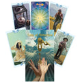 Law of Attraction Tarot rinkinys – dėžutės viršelis su rakto simbolika ir penki demonstraciniai kortų paveikslai fane