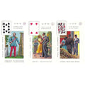 Lenormand kortos, trijų kortų išdėstymas su spalvotomis retro iliustracijomis: uniformuotas vyras, pora ir susitikimas, skirtos trijų kortų skaitymui