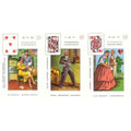 Lenormand kortos, trijų kortų priekis su spalvingomis iliustracijomis ir įterptomis širdžių žaidimo kortelėmis