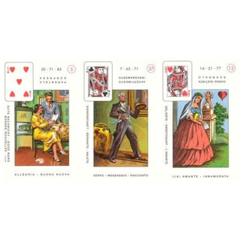 Lenormand kortos, trijų kortų priekis su spalvingomis iliustracijomis ir įterptomis širdžių žaidimo kortelėmis