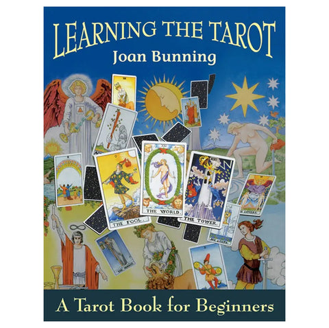 taro knyga Learning the Tarot autorės Joan Bunning: pilnas spalvingas viršelis su Rider–Waite kortų koliažu ir subtitru pradedantiesiems