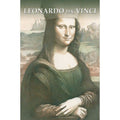 Mona Liza plakatas žalsvų tonų reprodukcija su Leonardo da Vinci užrašu viršuje, rankų detalė ir fone kraštovaizdis