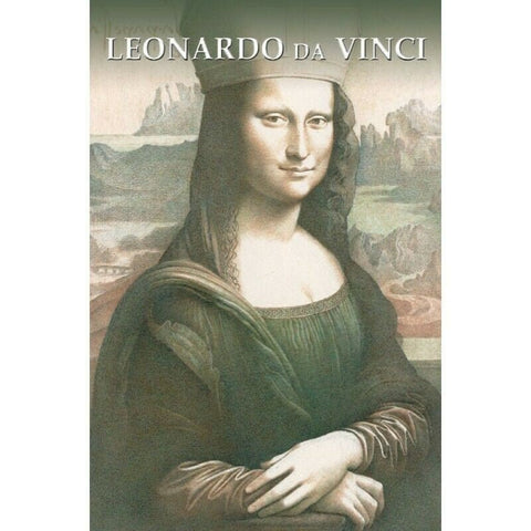 Mona Liza plakatas žalsvų tonų reprodukcija su Leonardo da Vinci užrašu viršuje, rankų detalė ir fone kraštovaizdis
