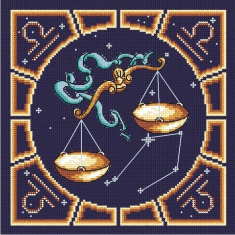 kryželių rinkinys Svarstyklės zodiako motyvas tamsiai mėlyname fone su auksinėmis svarstyklėmis ir ornamentiniu rėmu