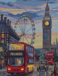 Paveikslas ant drobės — siuvinėtas Londono vakaras su raudonu dviaukščiu autobusu, London Eye ir Big Beno bokštu