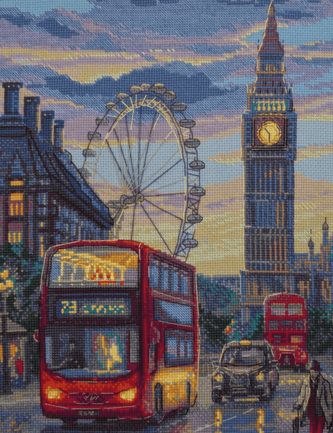 Paveikslas ant drobės — siuvinėtas Londono vakaras su raudonu dviaukščiu autobusu, London Eye ir Big Beno bokštu