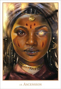 Tarot korta Ascension, portretinė artimo plano korta su auksiniais papuošalais ir viena švytinčia akimi, skirta dvasinio kilimo aiškinimui