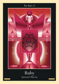 Ruby plakatas su ryškiomis raudonomis ir rožinėmis geometrinėmis formomis, juodu rėmu ir „Spiritual Warrior“ užrašu apačioje