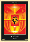 Tarot korta Crocite (Ulu-ra-el) — ryškiai raudona ir geltona priekinė pusė su aistringu simboliu ir geometriniu centru