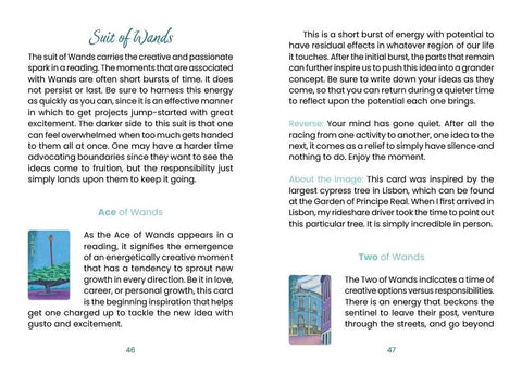 tarot knyga atversta: paaiškinimai apie Wands rūšį su mažomis Ace of Wands ir Two of Wands iliustracijomis ir interpretacijomis