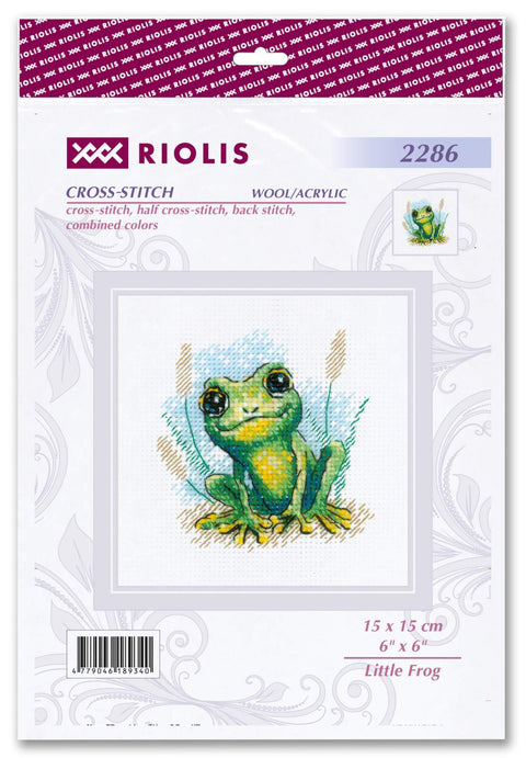 Kryželių rinkinys Riolis „Little Frog“, 15×15 cm, žalios ir geltonos varlės dizainas ant pakuotės, pilnas komplektas