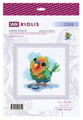 kryželių rinkinys mažai papūgėlei (Riolis), 15×15 cm pakuotė su spalvotu užbaigto darbo pavyzdžiu ir siūlų nurodymais