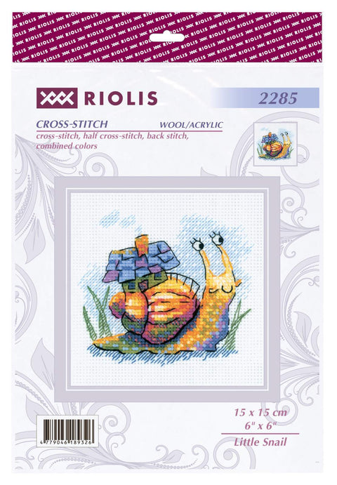 Kryželių rinkinys Riolis „Little Snail“, 15×15 cm, margas sraigės motyvas ant pakuotės, komplekte vilna/akrilas