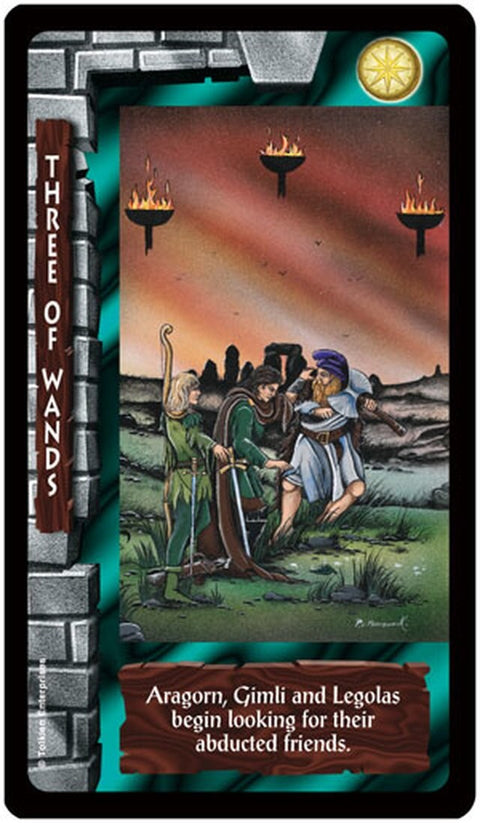 tarot korta Three of Wands: Aragornas, Gimlis ir Legolas prieš oranžinį dangų ir trys liepsnojančios lazdelės