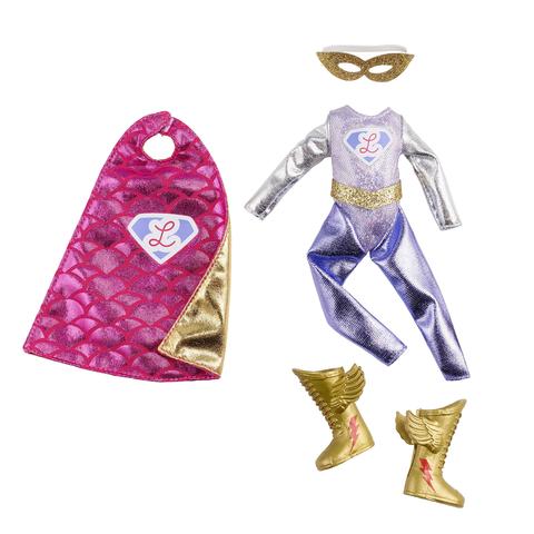 Lottie superherojės kostiumas – rožinis ir auksinis aksesuarų rinkinys lėlei (be lėlės)