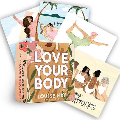 Kortelių rinkinys Love Your Body — Louise Hay dėžutė su 44 iliustruotomis savęs priėmimo kortelėmis ir kelių variantų pavyzdžiais