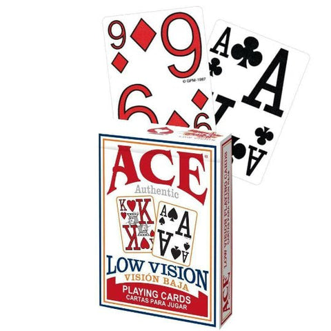 ACE Low Vision žaidimų kortos dėžutės priekinis vaizdas su išryškintomis didelėmis kortų figūromis