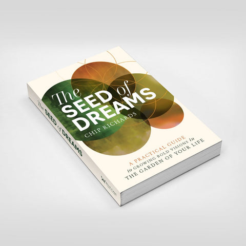 Knyga The Seed of Dreams, minkštas viršelis kremine spalva su žalia‑oranžinėmis apskritimų iliustracijomis, parodyta 3/4 kampu prekės puslapyje