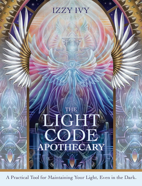 Knyga The Light Code Apothecary Izzy Ivy su pasteline angelų sparnų iliustracija ir baltu pavadinimu ant tamsaus fono