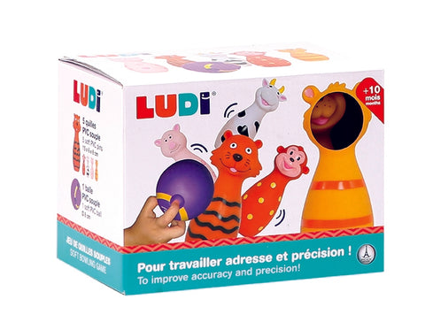 LUDI minkštas boulingo rinkinys vaikams „Gyvūnai“ – 5 kėgliai + kamuolys, nuo 10 mėn., plaunamas